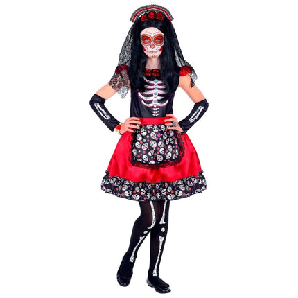 Dia De Los Muertos Jurk Zwart Rood Meisje van Widmann koop je bij Partywinkel
