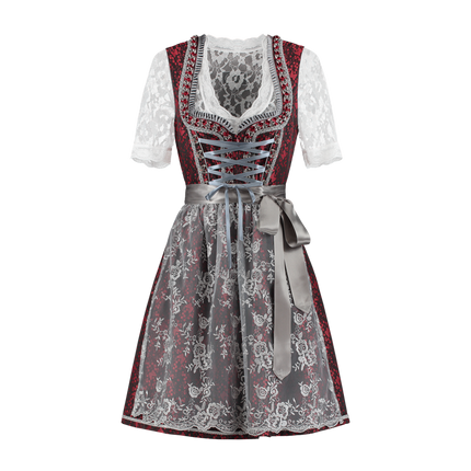 Dirndl 2 pièces, rouge/gris argenté, tablier en dentelle
