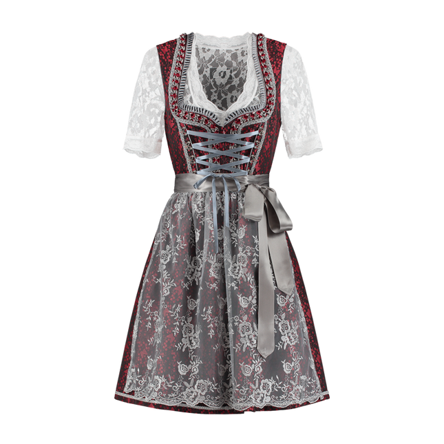 Dirndl 2 pièces, rouge/gris argenté, tablier en dentelle