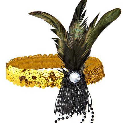 Bandeau doré avec paillettes et plumes