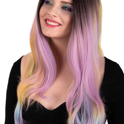 Perruque Selena longue avec boucles arc-en-ciel pastel