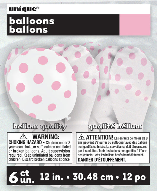 Ballons de baudruche blancs à pois roses 30cm 6pcs