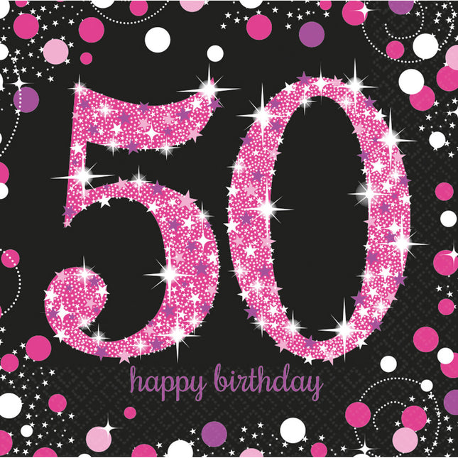 Serviettes de table 50 ans Joyeux anniversaire Rose 33cm 16pcs