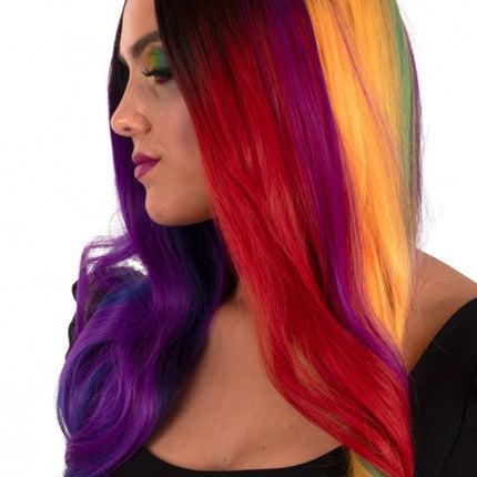 Perruque Selena longue avec boucles arc-en-ciel deux côtés