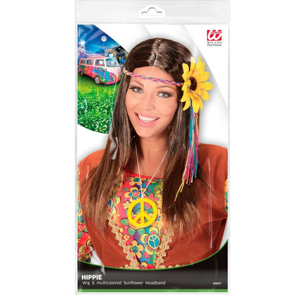 Perruque Hippie 60S brune avec bandeau en forme de tournesol