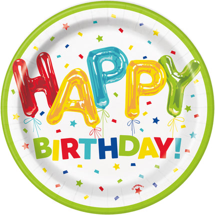 Assiettes colorées Happy Birthday 18cm 8pcs