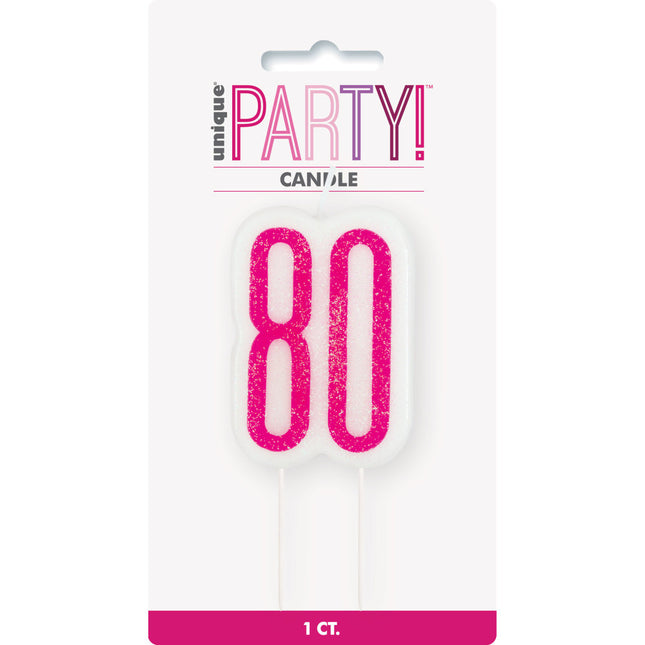 Bougie 80 ans rose pailleté 8.5cm