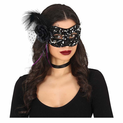 Masque oculaire noir à paillettes fleuries