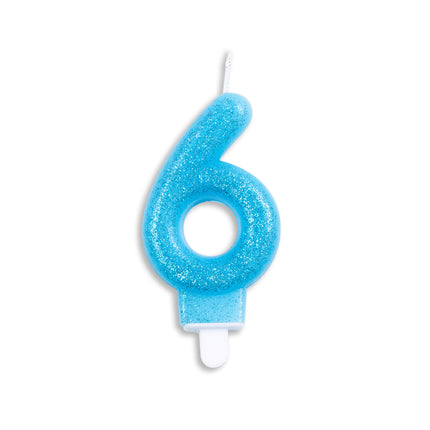 Bougie 6 ans bleu pailleté 7cm