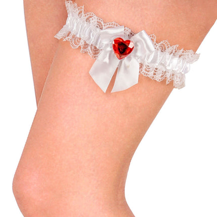 Jarretières blanches avec cœur en diamant rouge