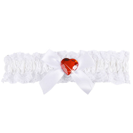 Jarretières blanches avec cœur en diamant rouge