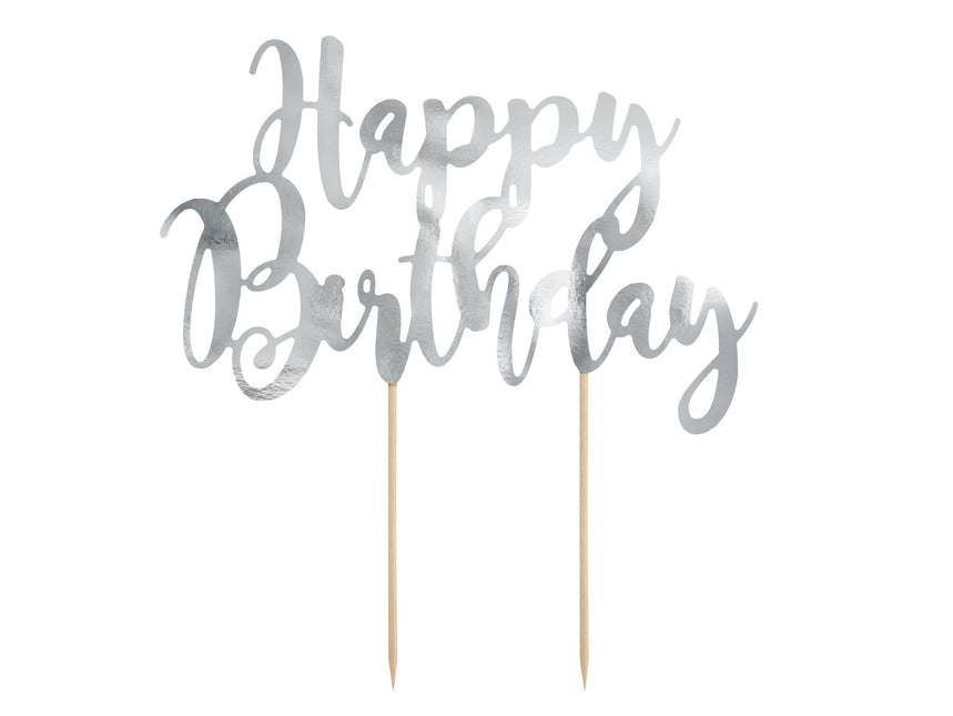 Décor de gâteau Happy Birthday Argenté 22.5cm