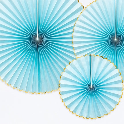 Eventails en papier bleu clair or 23-40cm 3 pièces