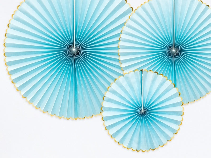 Eventails en papier bleu clair or 23-40cm 3 pièces