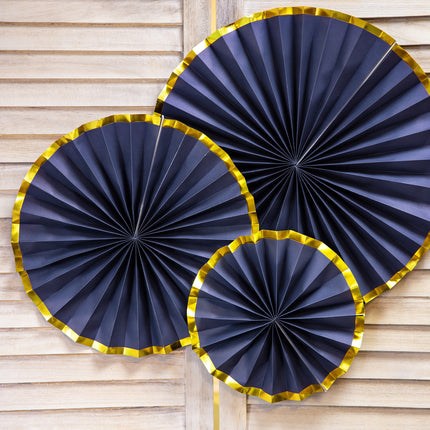 Eventails en papier bleu foncé or 23-40cm 3 pièces
