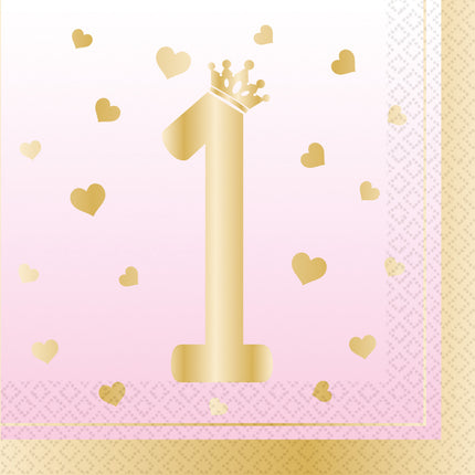 Serviettes d'anniversaire 1 an rose 33cm 16pcs