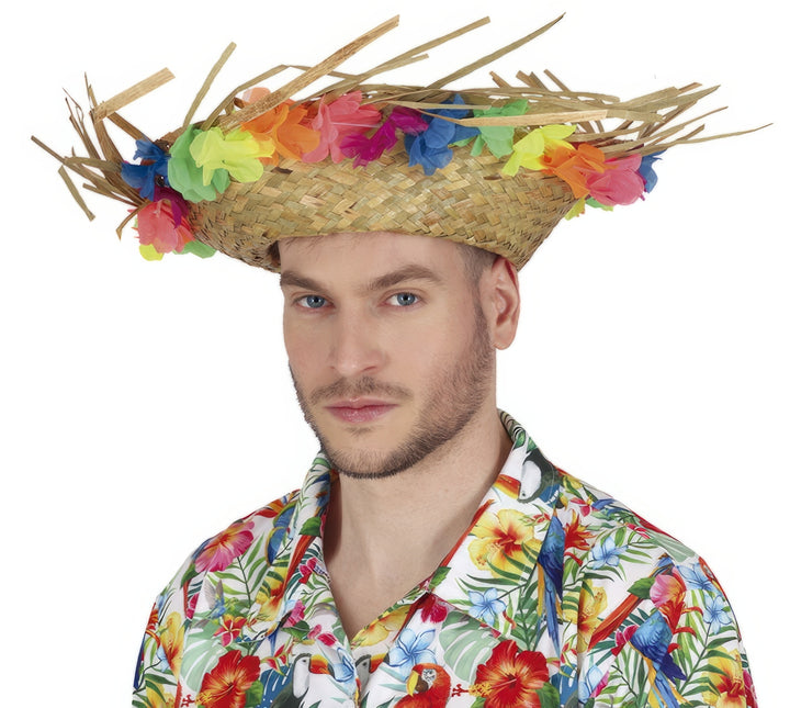 Chapeau de paille hawaïen avec fleurs