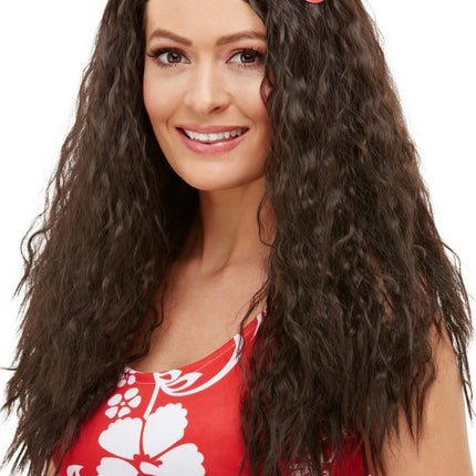 Perruque Hawaii cheveux longs bruns avec fleur Deluxe