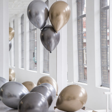 Ballons de baudruche argent, or et anthracite Mix Chrome 33cm 12pcs