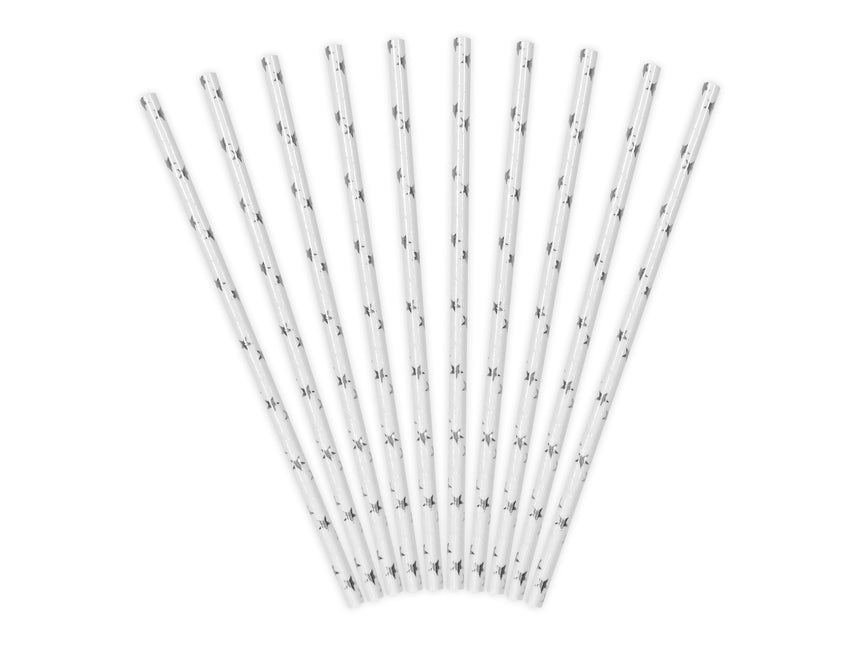 Pailles en papier argentées avec étoiles 19.5cm 10pcs