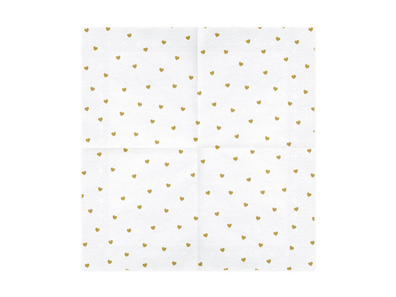 Serviettes blanches Coeurs d'or 33cm 20pcs