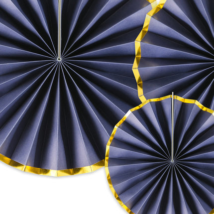 Eventails en papier bleu foncé or 23-40cm 3 pièces