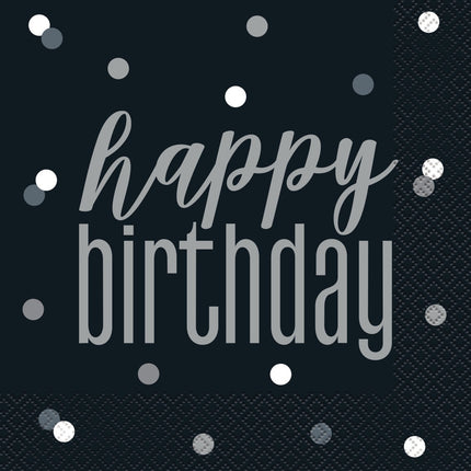 Serviettes d'anniversaire Happy Birthday Noir 33cm 16pcs
