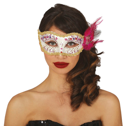 Masque Blanc Rose Plumes