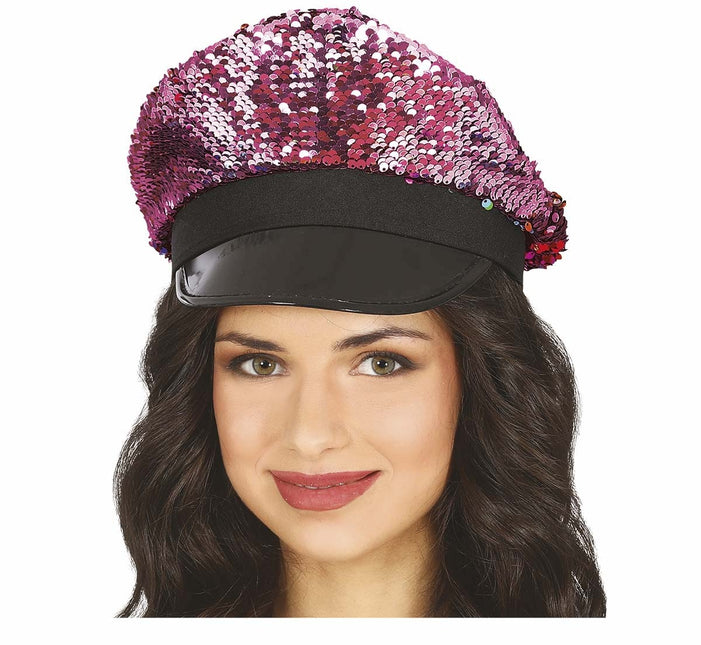 Casquette rose à paillettes