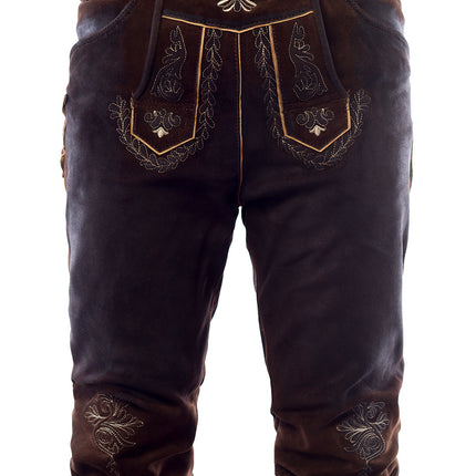 Lederhose en cuir long marron foncé avec coutures et bretelles