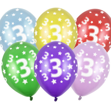 Ballons 3 ans colorés métalliques 30cm 6pcs