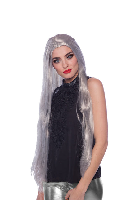 Perruque cheveux longs argent