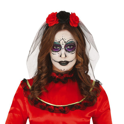 Halloween Tiara Veil And Flowers Red