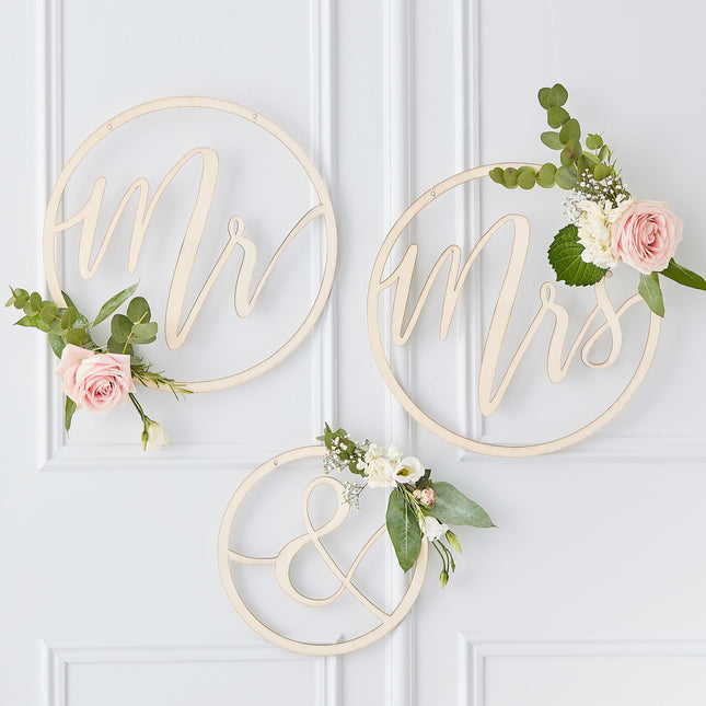 Décoration de mariage suspendue Mr&Mrs en bois 3pcs