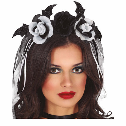 Bandeau d'Halloween Noir Blanc Fleurs et Voile