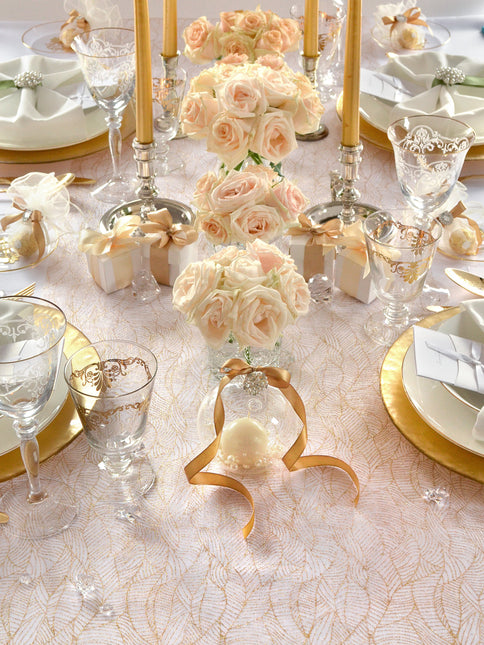 Tissu Organza blanc Feuilles d'or 48cm 9m
