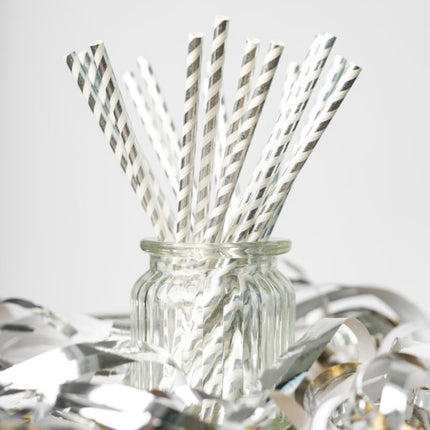 Pailles en papier argentées rayées 19.7cm 20pcs