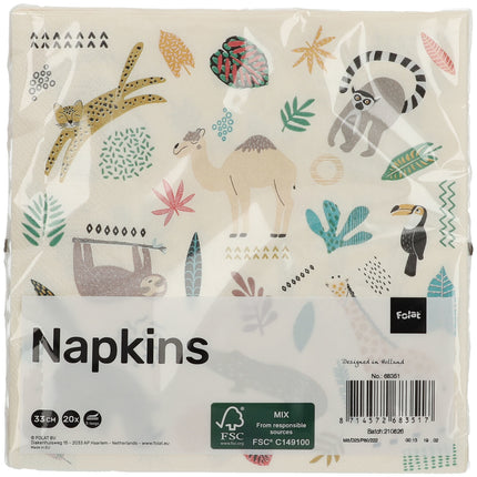 Serviettes de table Animaux 33cm 20pcs