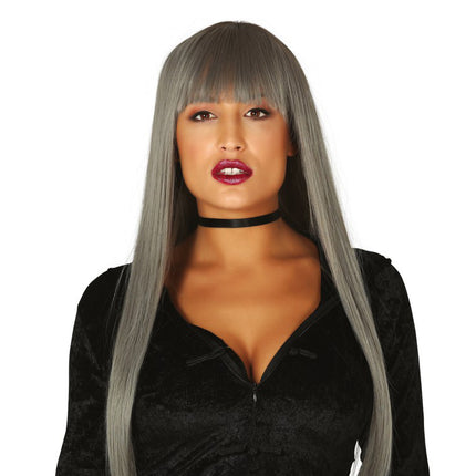 Perruque d'Halloween Cheveux Longs Bangs Gris