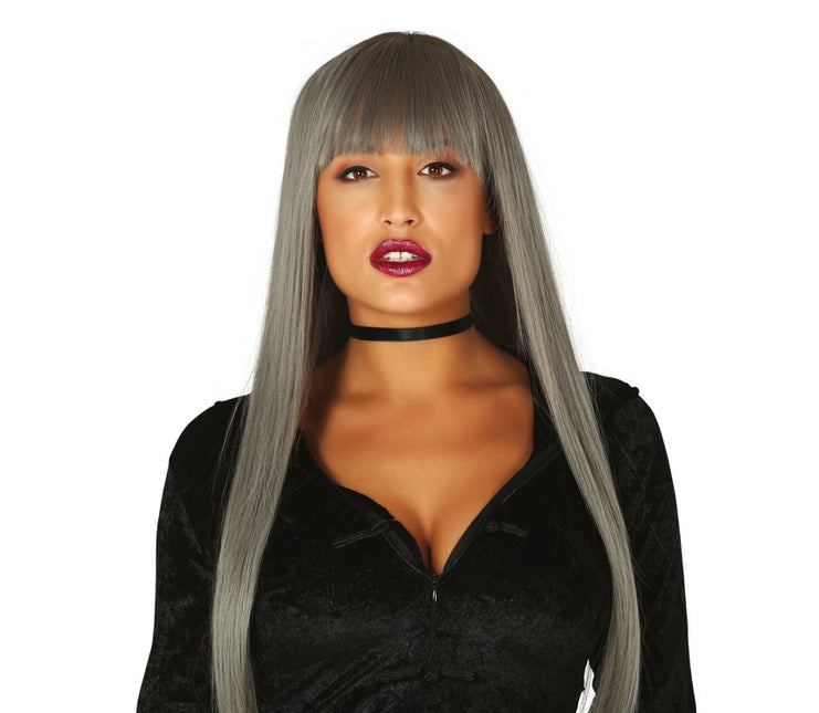 Perruque d'Halloween Cheveux Longs Bangs Gris