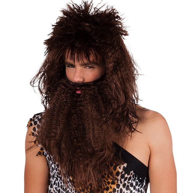 Perruque brune Homme des cavernes avec barbe