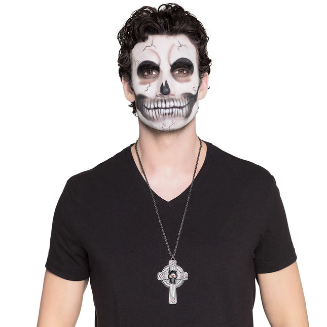 Collier Halloween Croix Pierres Rouges 28cm