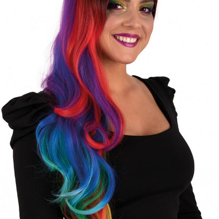 Perruque Selena longue avec boucles arc-en-ciel sur toute la surface