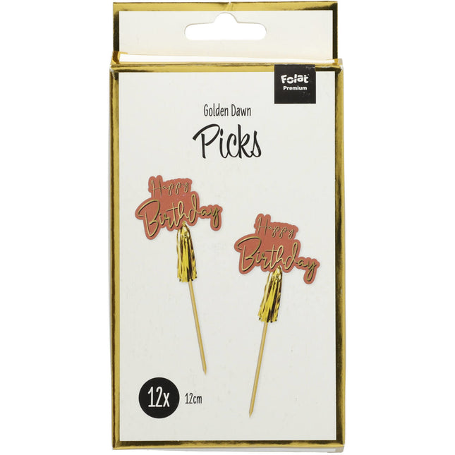 Pics à cocktail Happy Birthday Golden Dusk 12cm 12pcs