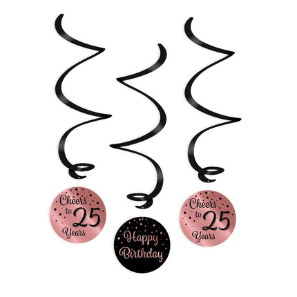 Décoration suspendue 25 ans Joyeux Anniversaire Noir Rose 17cm 3pcs