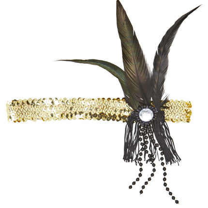 Bandeau doré avec paillettes et plumes