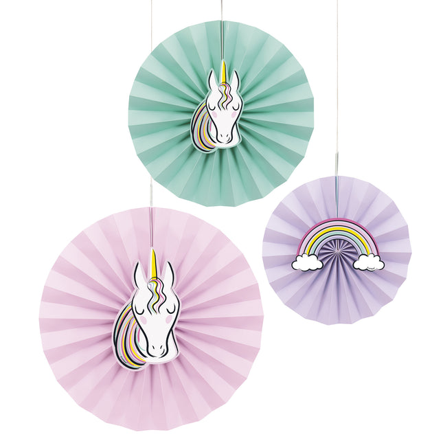 Eventails en papier licorne Pastel 3 pièces
