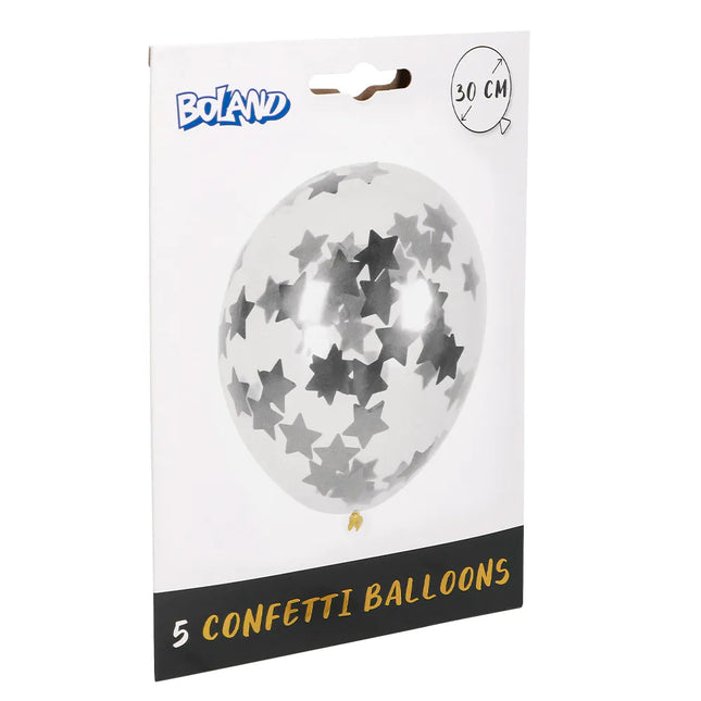 Ballons Confetti Étoiles Argent 30cm 5pcs