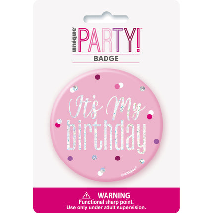 Bouton C'est mon anniversaire rose 7.6cm