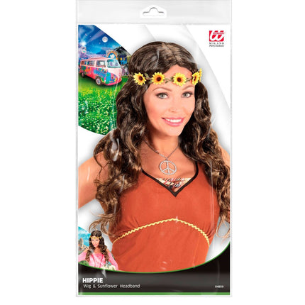 Perruque Hippie 60S brune avec bandeau en forme de tournesol